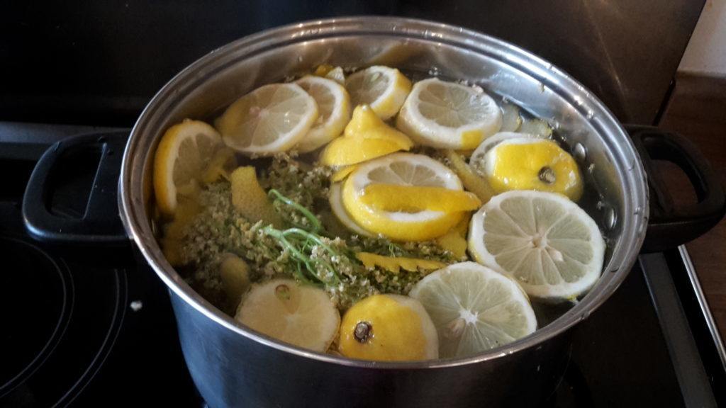 Elderflower cordial brewing
